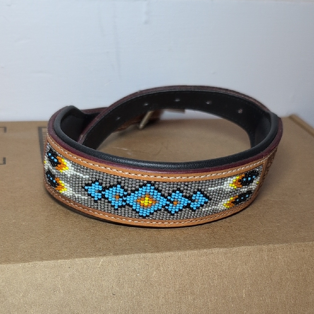 Beaded Leather Belt - Brown and Blue